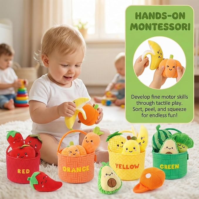 Montessori Baby Sensory Toys 6-12 Months - 16PCS Soft Plush Fruits & Vegetables Basket with Crinkle, Rattle & Color Sorting, Fine Motor Skills Learning Toy for 1 Year Old Toddlers Boys Girls