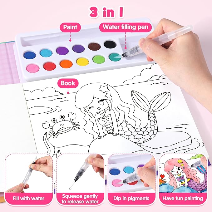 Mocoosy 3 Pack Paint with Water Coloring Books for Toddlers, Mess Free Watercolor Painting Set with Unicorn Mermaid Animal Themes, Travel Art Craft Activity for Kids, Birthday Gifts for Girls 3-5 4-8