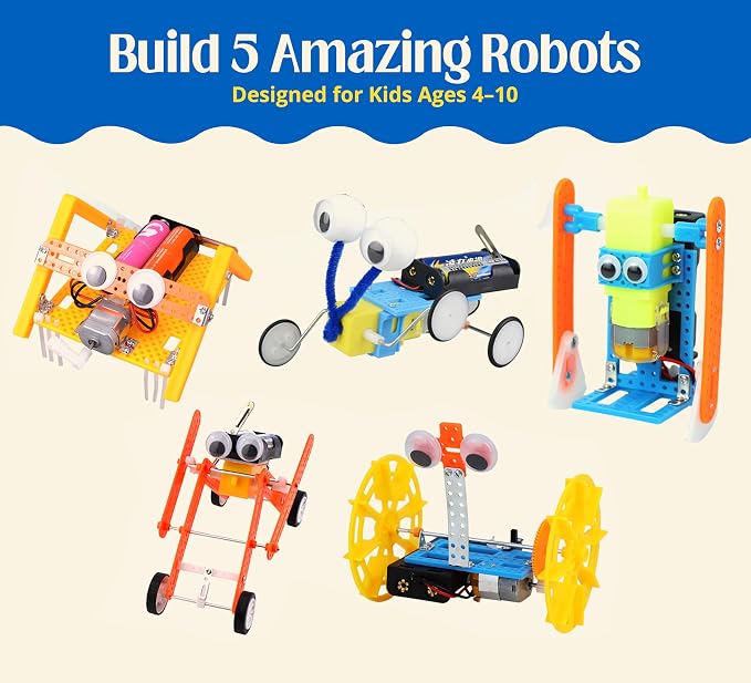 5 Robotic Kits in 1 STEM Building Set with 32 Magnetic Blocks, Build 6 Real Moving Robots, Engineering Construction Toy for Kids Ages 6-12, Educational STEM Gift for Boys & Girls