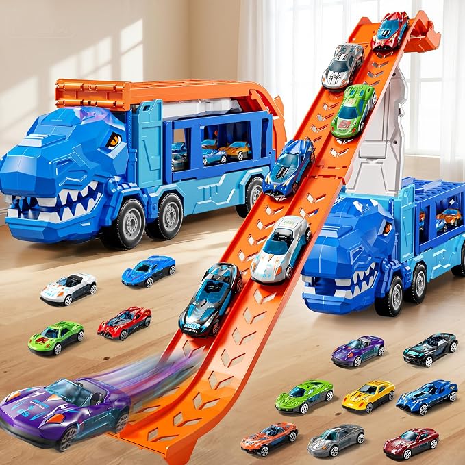 Race Track Truck Toys for 3 4 5 6 7 8 Years Old Boys, Carrier Vehicle Playset with 12 Die-Cast Racing Car Toys, 2-Tier Storage, Car Ramps, Birthday Gifts for Toddlers Kids Girls Age 3-5 4-8