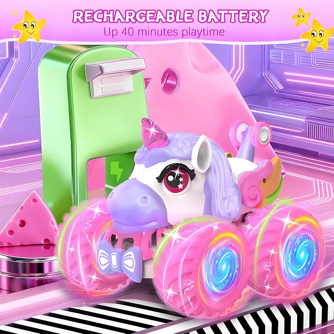 Remote Control Car for Girls, Unicorn Toys for Girls Age 3+ | 360° Rotating 4WD 2.4 GHz RC Stunt Cars with Light and Music, Unicorn Birthday Gifts Presents for 3 4-6 6-8