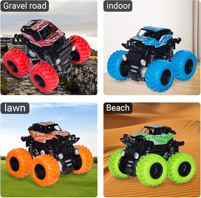 LONANDY Monster Truck Toys for Boys Age 4-7 - Friction Powered Car Toys for Kids Toddlers 3 4 5 6 Years, Push and Go Toy Cars Best Christmas Birthday Party Gift for Boys Girls 4 Pack