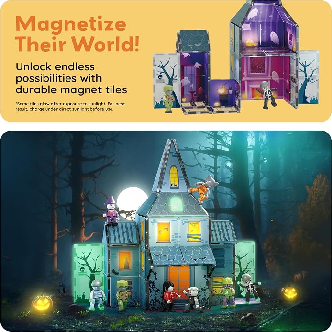 PicassoTiles Scary Haunted House Magnetic Tiles Building Block with 8 Halloween Theme Action Figure Magnet Construction Toy Kit Double-Sided Mansion STEM Playset Adventure Boys & Girls Ages 3+ PTQ03