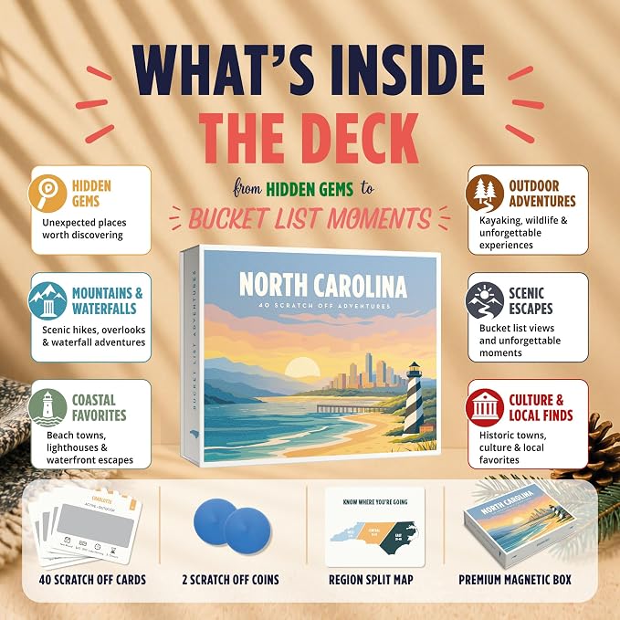 North Carolina Bucket List Scratch Off Cards - 40 Adventure Cards with Region Split Map, Hidden Gems, Scenic Escapes & Local Favorites - Travel Gift for Couples, Families, Friends & Tourists