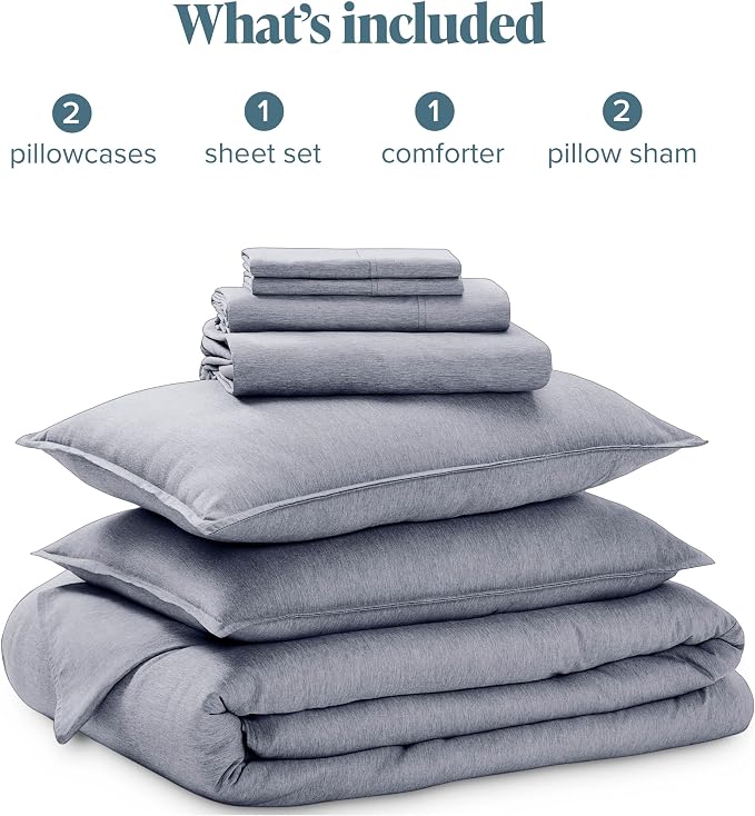 Bare Home Bed-in-A-Bag 7 Piece Comforter & Sheet Set - Queen - Goose Down Alternative - Ultra-Soft 1800 Premium Bedding Set - Cationic (Queen, Heathered Midnight Blue)