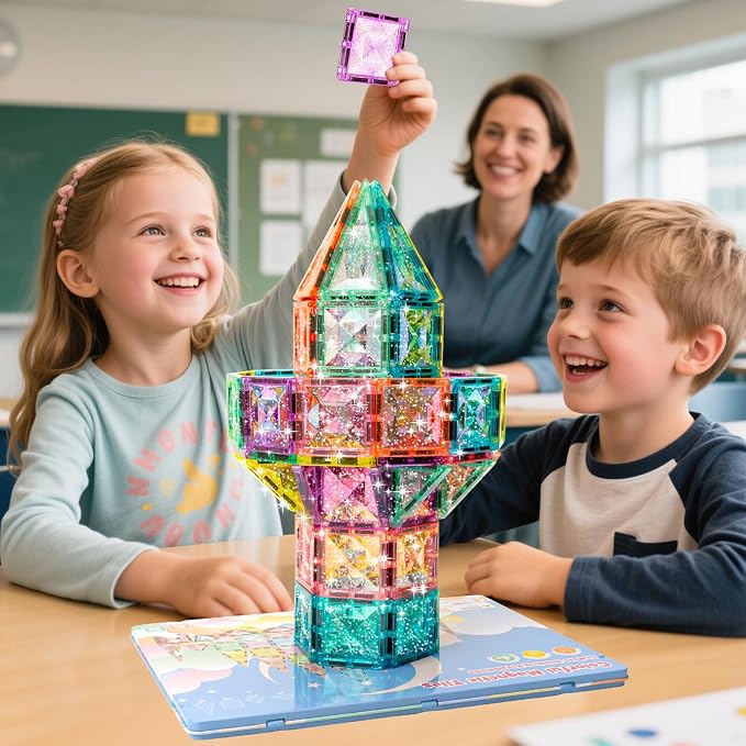 Magnetic Tiles Building Blocks for Kids Ages 3-8, Diamond Surface Travel Set with Metal Storage Box, 60PCS STEM Montessori Educational Learning Toys Gifts