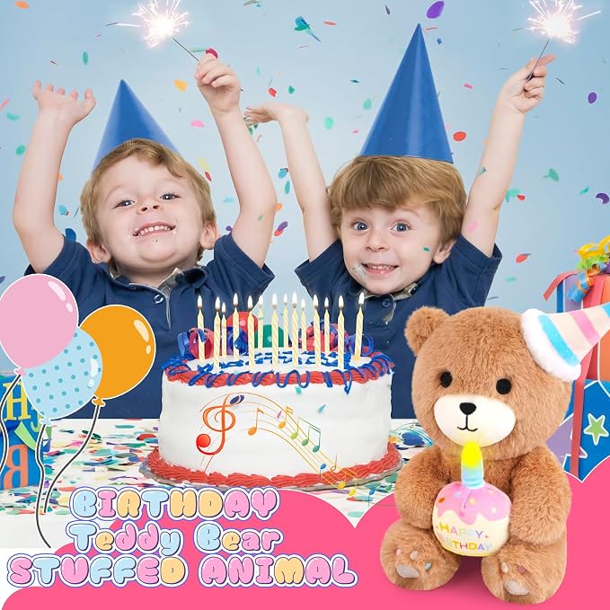 Birthday Teddy Bear Plush Toy- Happy Birthday Singing & Glow Stuffed Animal, Musical Dancing Bear Stuffed Animal with Light-Up Cake, Singing Toy Party Doll Decor Gift for Kids Boys Girls