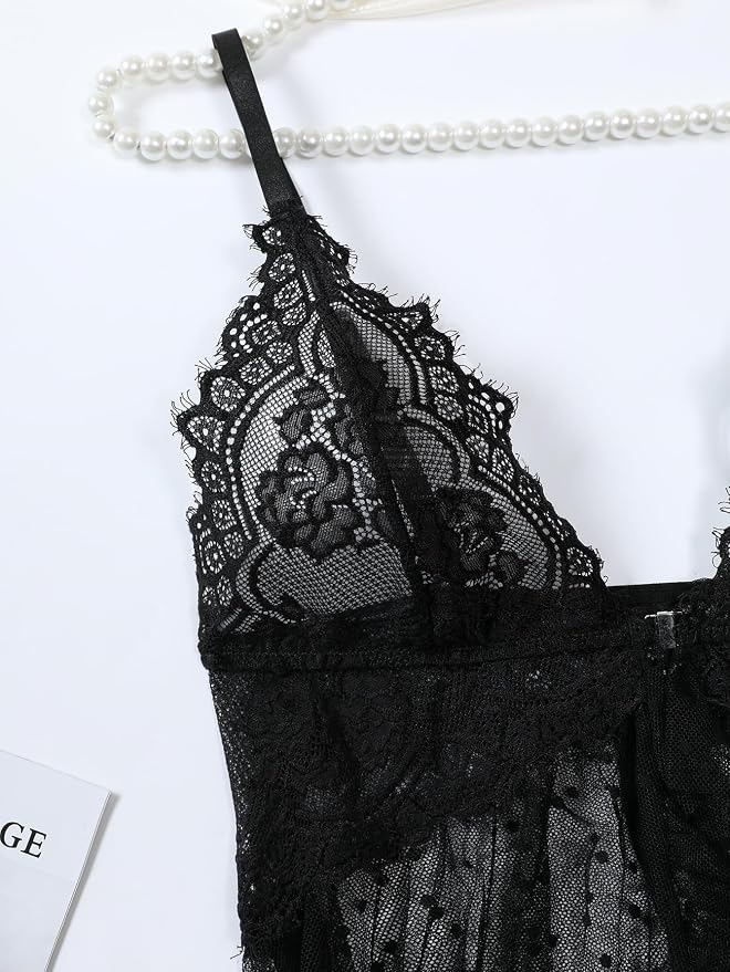 Foxiny Sexy Open Front V Neck Ruffle Sheer Mesh Lace Wireless Babydoll Lingerie Dress with Thong 2 Piece