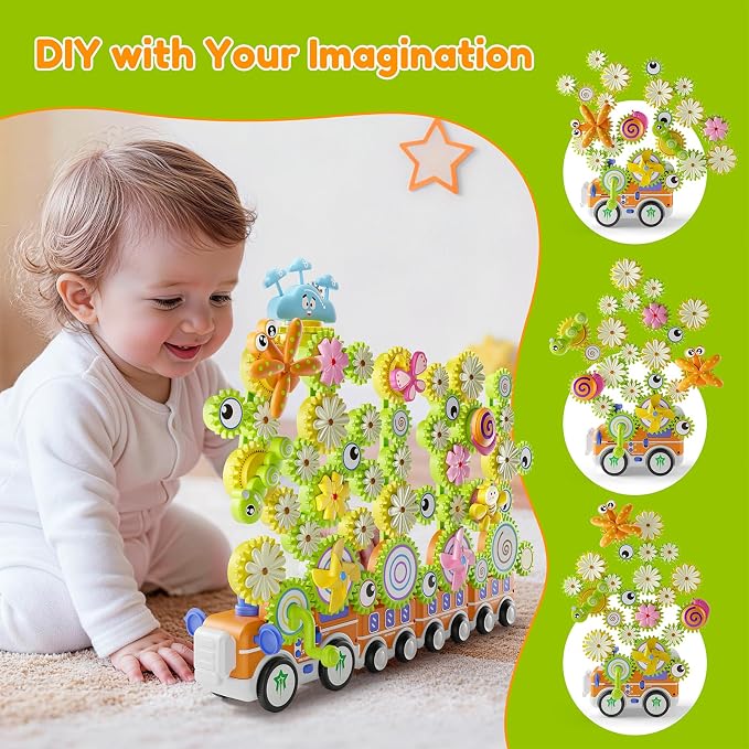 Gears Building Toys for Kids Ages 3+, STEM Construction Set for Toddlers, Train and Flower Models with Electric & Manual Modes, Lights and Music, DIY Educational Learning Toys Gift for Boys and Girls