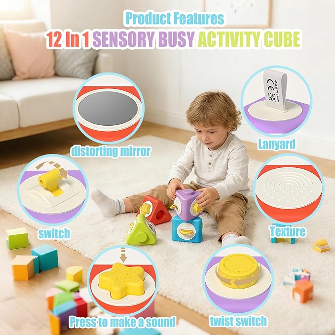 Activity Cubes & Stacking Toy Blocks Set of 4,12-in-1 Montessori Toys for 1-2 Years Old,Educational Activities Sensory Travel Toys for Airplane & Car, Perfect Birthday for Toddlers