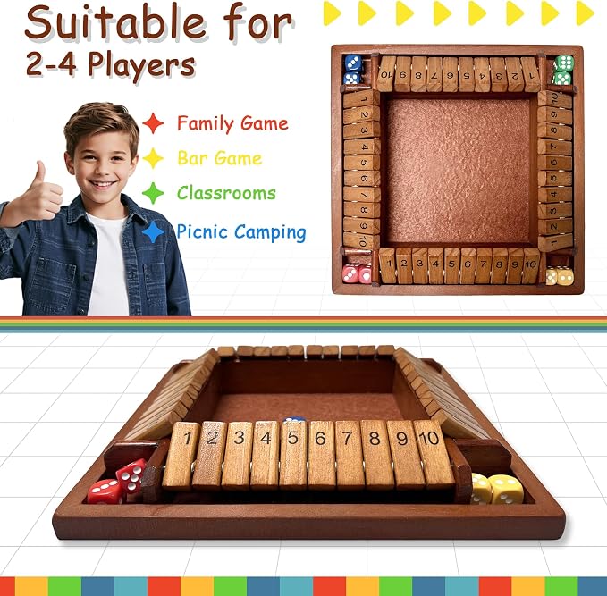 Shut the Box Wooden Board Game – 4 Player 1-10 Numbers Dark Wood Math Game with 8 Dice, Classic Strategy Game for Adults & Kids, Educational Family for Learning Addition, Classroom or Party Toy
