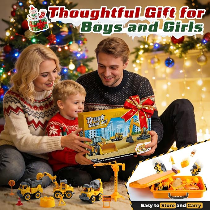OENUX Play Sand Construction Set, Beach Building Castle Kit w/ 2.2lbs Play Sand, 4 Take Apart Construction Trucks Toys and Signs, Sensory Sandbox with Cover for Boy Girl Kid Toddlers Age 3-8