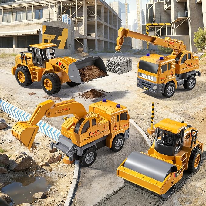 KukuFun 4-Pack Construction Truck Toys for Toddlers Boys 2-4 3-5 Years Old, Sand Toy Trucks Bulk for Sandbox with Excavator, Outdoor Kids Play Truck Vehicle Set for Ages 1 2 3 4 5 Toddlers Gifts