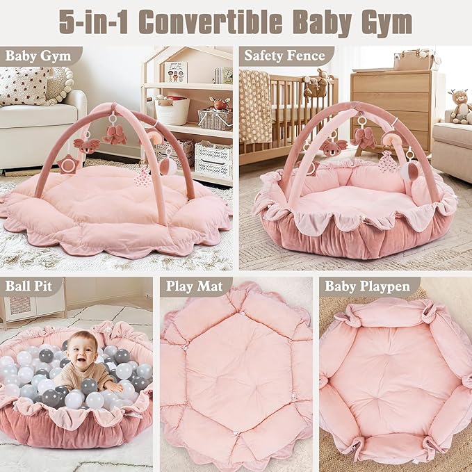5-in-1 Plush Baby Play Gym, Activity Mat with Convertible Gym, Baby Gym 6 Sensory Toys, Play Center for Newborn to Toddler, Pink