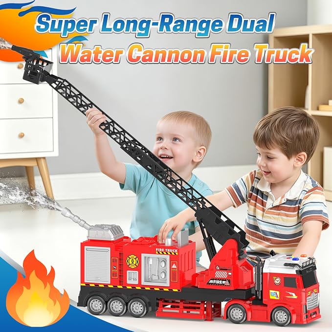 Extra Large Fire Truck Toys for Kids, 27'' Extendable Ladder 180° Rotating, Light & Sound Fire Trucks for Toddlers 3-5, Inertia Drive Firetruck Toys, Dual Water Spray Nozzles, for 3+ Boys