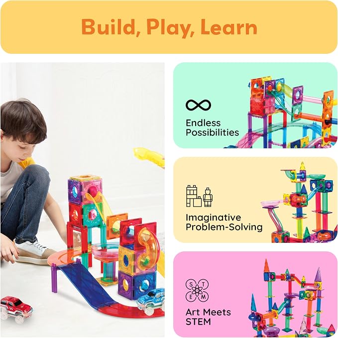 PicassoTiles 108 Pcs Marble Run with Race Track Set with Magnetic Tiles Cars and Marbles STEM Learning Toy 3-in-1 Building Construction Kit for Indoor Activity Development Boys & Girls Ages 3+ PTG108