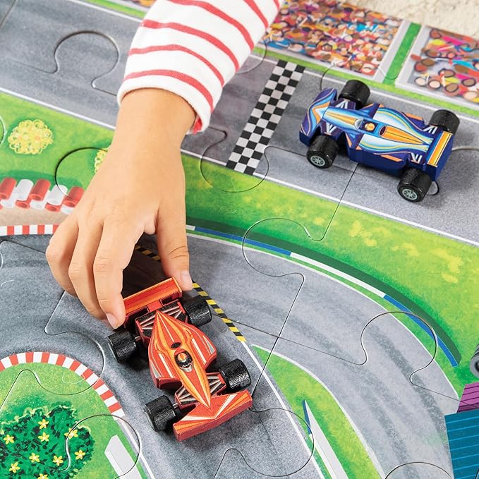 Peaceable Kingdom Jumbo Racetrack Floor Puzzle Bundle with 3 Wood Cars – Large Jigsaw Gift for Toddlers and Kids Ages 3-5 – Puzzle and Play: Race Day