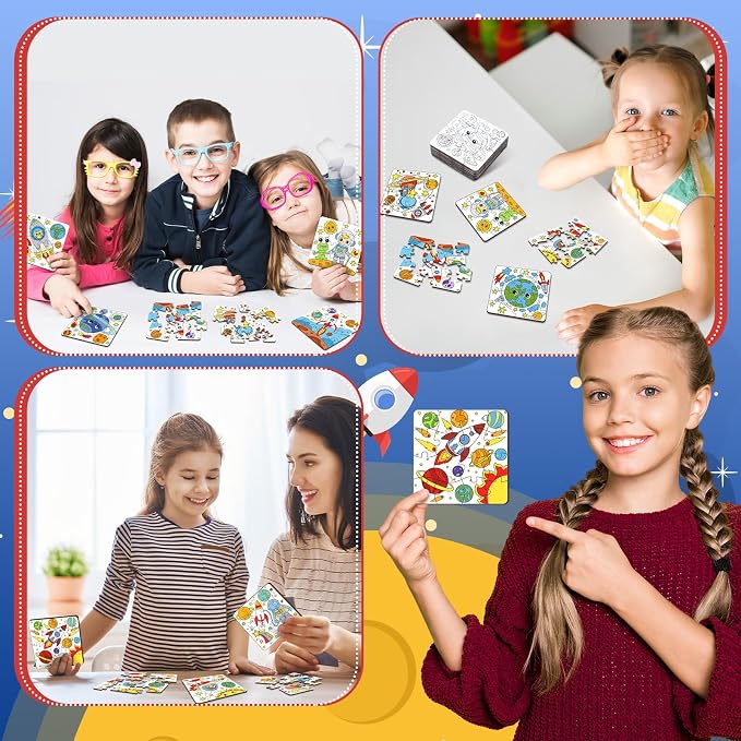 Realspring 24 Pack Outer Space Color Your Own Jigsaw Puzzles for Kids 3-5, 4-6, 6-8, Coloring Crafts DIY Paper Puzzles Party Favors Gifts for Toddler Children Learning Education Toys