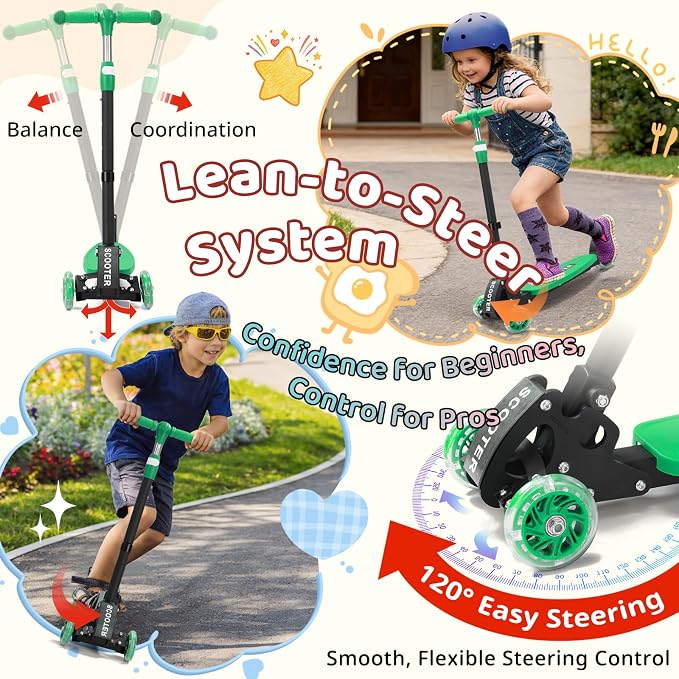 Kick Scooters for Kids 5-7 8-12,Lean to Steer,Three Wheeled Light Up,28"-32" Adjustable Handlebar,Widen Anti-Slip Deck,Floor Push Scooter for Boys Girls Ages 6-12 3-4 Old,Foldable for Travel