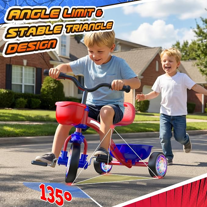 Tricycle for Toddlers 1-3 3-5 Year Olds, Unicorn Toddler Bike Baby Balance Bike with Colorful Lighting Wheels & Large Basket, Birthday Gift and Toy for 1 2 3 4 5 Year Olds Girls Boys-red
