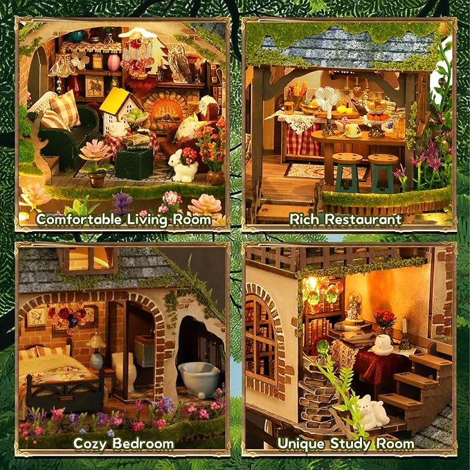 DIY Miniature House Kit, Victorian Dollhouse Kit, 3D Wooden Puzzles Bookshelf Craft Kits, Mini Doll House Building Kit for Adults Teen(Forest Cottage)