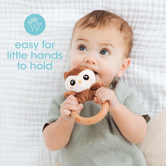 Pearhead Owl Wooden Baby Teether – Soft Plush Lovey with Natural Wood Rattle Ring, BPA-Free, Soothes Infant Gums, Multi-Sensory Newborn Essential for Boys and Girls, 0+ Months