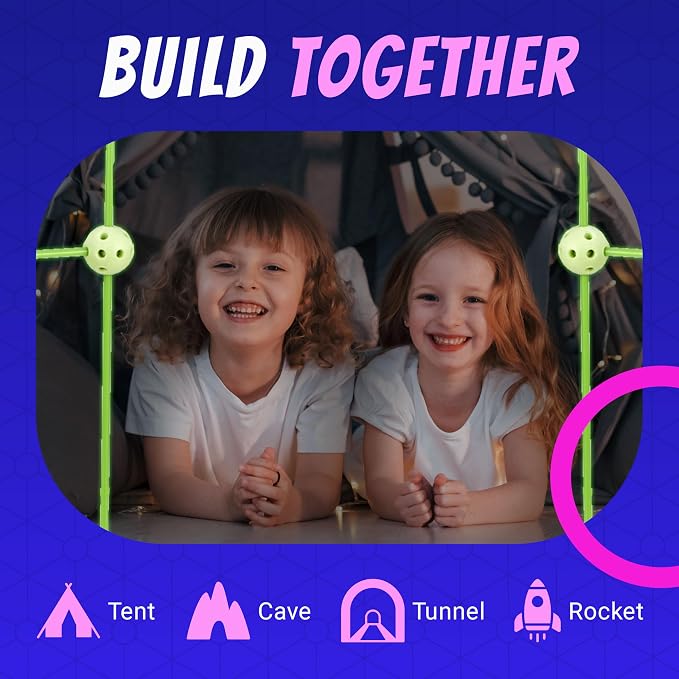 Playbees Glow in The Dark Fort Building Kit – 130 PCS STEM Toy for Kids Ages 4–12 – Build Tents, Castles & Rockets – Creative Building Set & Great Gift