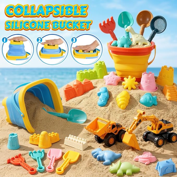 Beach Toys for Kids 35PCS Sand Toys with 3 Collapsible Bucket,3 Dump Truck,Beach Shovel,Sand Castle Building Kit,Ocean Molds,Dinosaur Sand Molds, 2 Mesh Bag,Toddler Beach Essentials for Kids 3-10