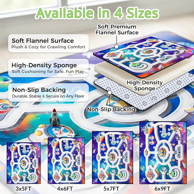 Kids Space Rug 3 x 5 Ft, Outer Space Road Play Mat with Planets & Rockets, Non-Slip Educational Carpet for Playroom