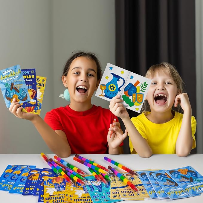 Cinrobiye 24 Set Happy Hanukkah Coloring Books Bulk Chanukah Activity Books Mini DIY Painting Drawing Set with Stackable Crayons for Festival of Lights Party Favor Gifts Goodie Bag Fillers