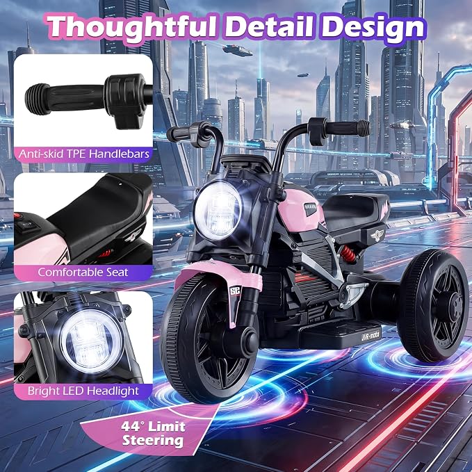 Costzon Toddler Motorcycle, 6V Chopper Kids Motorcycle Ride On Toy with LED Headlight, Music, Story, 3-Wheel Stable Electric Motorbike for Toddlers Boys Girls (Pink, 31" x 18.5" x 19.5"(L x W x H))