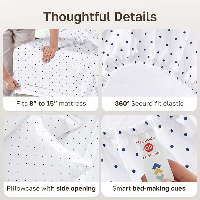 California Design Den Soft 100% Cotton Twin Sheet Set, 400 Thread Count Good Housekeeping Award Winner, Smooth Sateen Finish, Cozy and Durable Cotton Bedding Set - Polka Dot Print