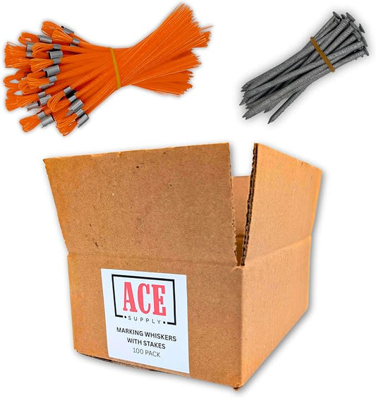 ACE Supply Orange Marking Whiskers with Stakes - Pack of 100 - Durable Marking Whisker Set - Use Survey Whiskers As Ground Markers, Construction Markers, Or Trail Markers