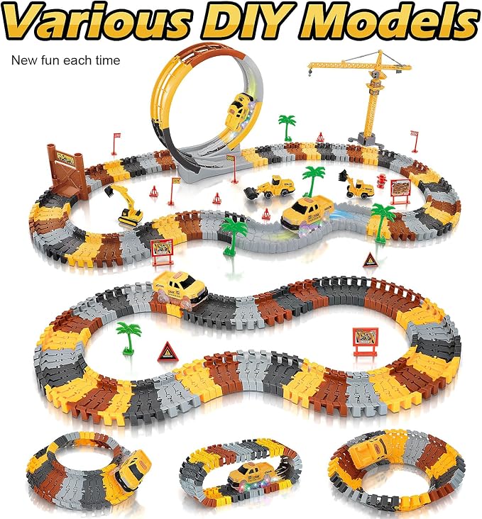 157 PCS Construction Race Tracks for Kids, Glow in The Dark Magic Toy Set with 360° Loop Ramp, 1 Light Up Car, 3 Construction Cars, Flexible DIY Track Set, Birthday Gift for 3-9 Year Old Boys Girls