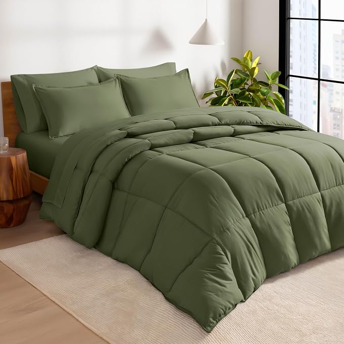 Bare Home Bed-in-A-Bag 7 Piece Comforter & Sheet Set - Full - Goose Down Alternative - Ultra-Soft 1800 Premium - Bedding Set (Full, Cypress/Cypress)