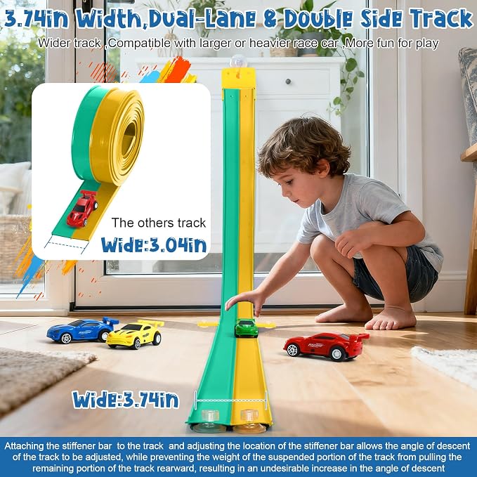 Flexible Race Car Track for Kids, Flex Track with 4 Small Race Cars,Rolls Up Portable Racetrack for Ages 3+, Compatible with H*t Wheels and DIEC*st 1/64th Cars (15FT-Green/Yellow)