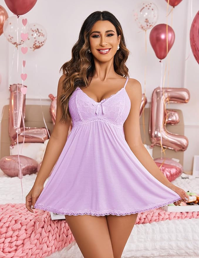 Avidlove Women Nightgown Sexy Sleepwear Lace Chemise V-neck Modal Babydoll Lounge Dress
