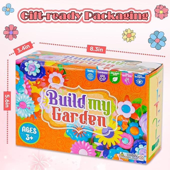 FUNZBO Girl Flower Garden Building Toys Set - Birthday Gifts for Age 3 4 5 6 7 8 Years Old Girls, STEM Montessori Educational Toy for Toddler Kids, Sorting & Stacking Spring Gardening Set