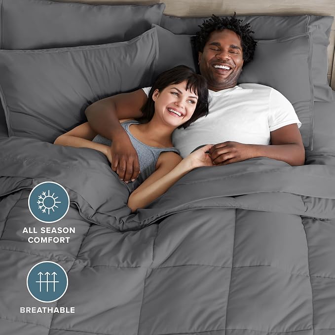 Bare Home Bed-in-A-Bag 7 Piece Comforter & Sheet Set - King - Goose Down Alternative - Ultra-Soft 1800 Premium Bedding Set (King, Grey/Grey)