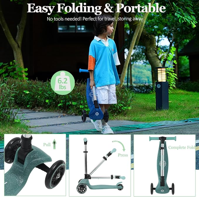 Kicknroll Kids Scooter Light Up 3 Wheel Toddler Kick Scooters with Jelly Glitter Anti-Slip Deck and LED Wheels, 4 Adjustable Heights, Foldable, Lean-to-Steer Design for Girls & Boys 3-12 Max 110 Lbs