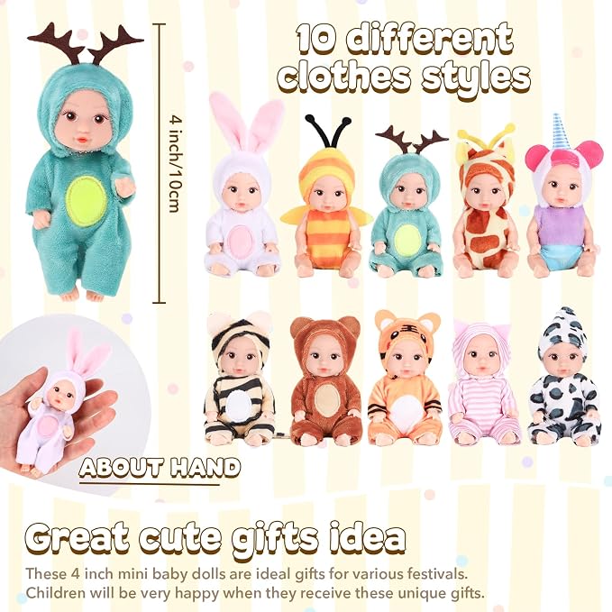 Vueos 10 Pcs 4 Inch Mini Baby Dolls Playset Lifelike Realistic Baby Dolls with Handmade Animal Clothes Cute Small Baby Doll Gifts Set for Toddlers Girls Kids 3+