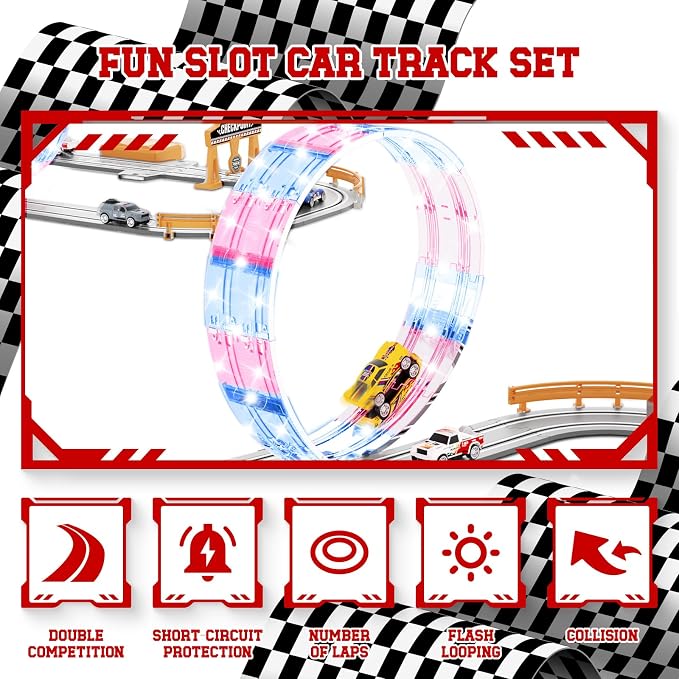 9.86ft 2-in-1 Slot Car Track Sets Toy - with 4 Cars, Battery or Electric Car Track Set with Dual Racing Game, Flash Circular Track, Lap Counter,Birthday Xmas Gifts Toys for Boys(S2-Concrete)