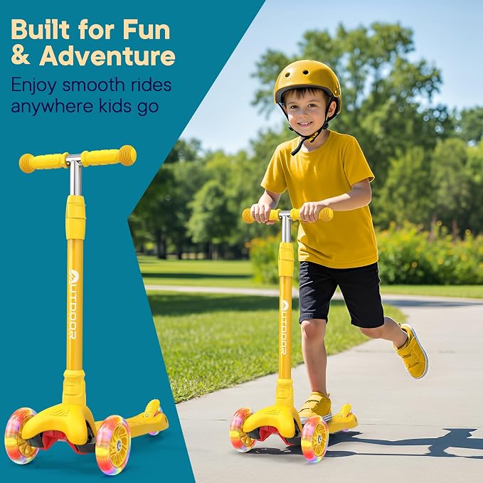 Outdoor Cruiser 3-wheel Kids Scooter – With Lean-to-steer Technology, Wide Deck, Led Lighted Wheel, 4-level Adjustable Height T-bar Handle, Support Kid Up to 150 Lbs, for Boys & Girls Ages 3-8, Yellow