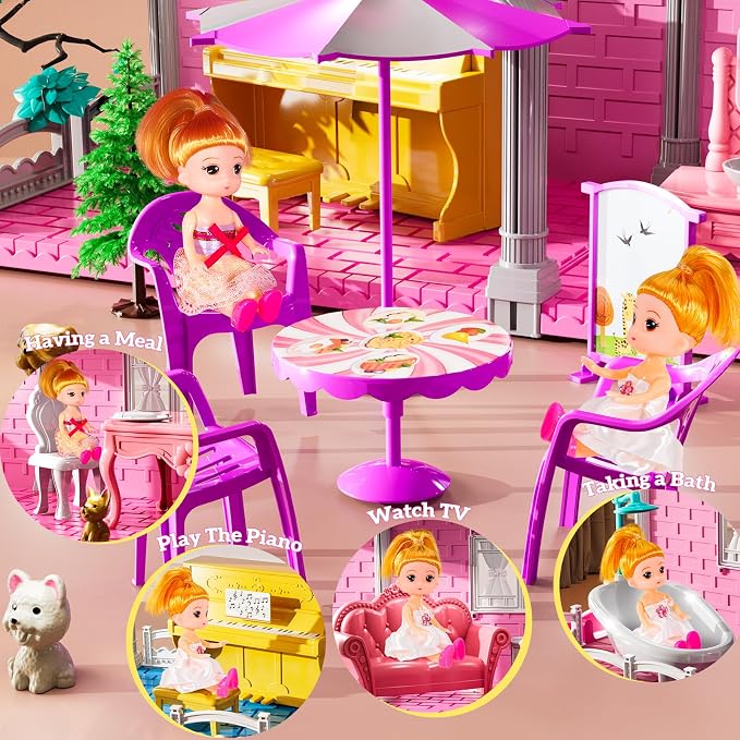 JUKUDAHU Villa Playset for Girls Ages 3-7, Indoor Playset Girls Toys with 3 Storeys 7 Rooms 2 Dolls for Ages 6-8, Furniture and Accessories, Pretend Toddler Toy, Birthday Gifts for Kids 3 4 5 6 7 8