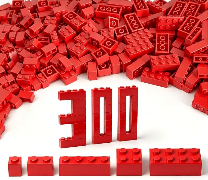 300Pcs Building Brick Bulk, Res Bulk Bricks with 5 Sizes, Compatible with Lego and Parts and Pieces, Creative Building Block Toys for Boys Girls Ages 6 7 8 9 10 Years Old