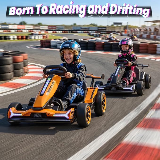 24V Electric Go Kart, Kids Drift Kart with Dual 400W Motors, Length Adjustable Seat, 8.2 MPH Max, 130LBS Max Load, Outdoor Ride on Toy Crazy Kart w/Bluetooth Music, Rainbow Light