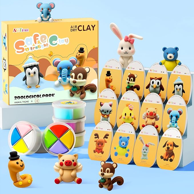 ARTPAR Air Dry Clay Kit for Kids-12 Animals Modeling Magic Clay,DIY Art Crafts Molding Clay Set,Ultra Light & Soft, Safe & Non-Stick with Sculpting Tools & Tutorials, Unique Gifts for Boys & Girls