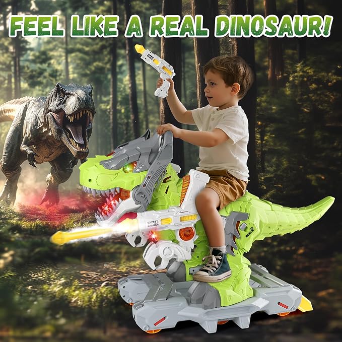 Baby Ride On Toy Cars, Toddler Electric Dinosaur Push Riding Car with Light Music, Smoke & Launcher Toy, Preschool Kids Scooter Foot-to-Floor Ride On Toy, Christmas Birthday Gifts for Kids