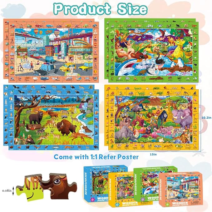 100 Piece Puzzles for Kids Ages 4-6 8-10, Safe Educational Jigsaw Puzzles Wildlife, Jungle, Fantasy & City Life, Fun Learning Toys Gifts for Boys Girls 4-Pack