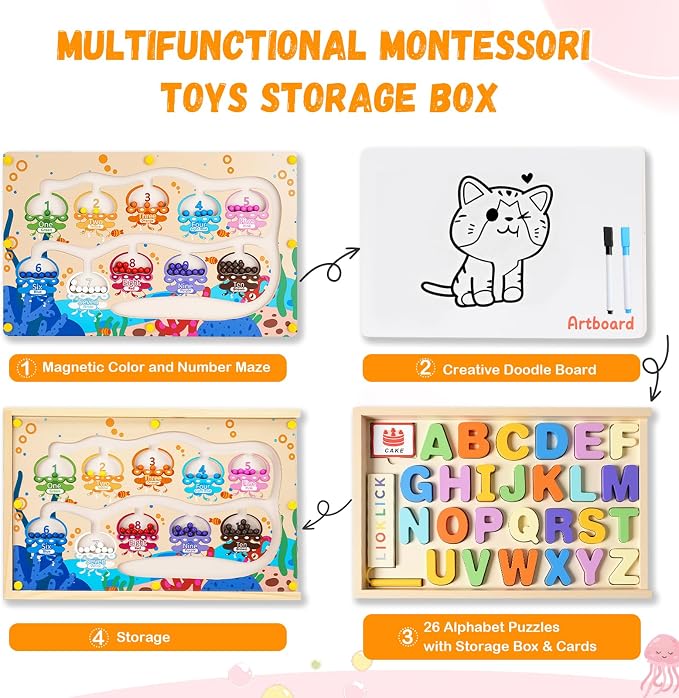 4-in-1 Magnetic Color and Number Maze Toys Box with Alphabet Puzzles Drawing Board, Wooden Storage Montessori Toy for 3-5 Year Old, Toddlers Educational Learning Toy Gifts for Kids Boys Girls